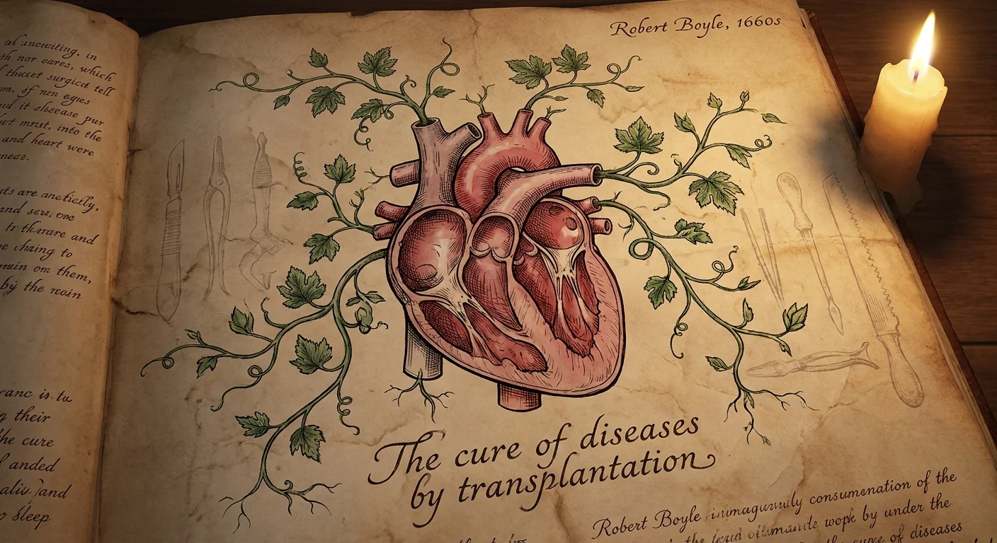A 17th-century style medical sketch of a heart surrounded by green vines with hand-lettered text about Robert Boyle.