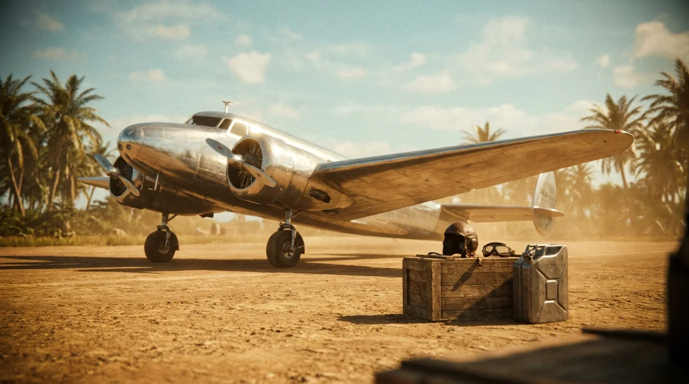 A 35mm film-style photo of a 1930s propeller plane on a tropical runway, evoking Amelia Earhart's final flight.