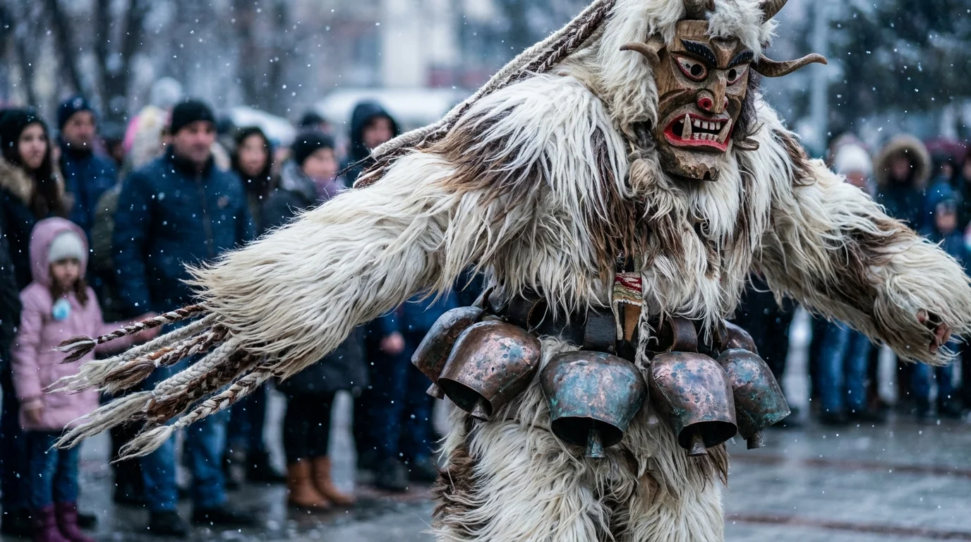 A Bulgarian Kukeri dancer in a massive goat-pelt costume and copper bells performing in a snowy square.