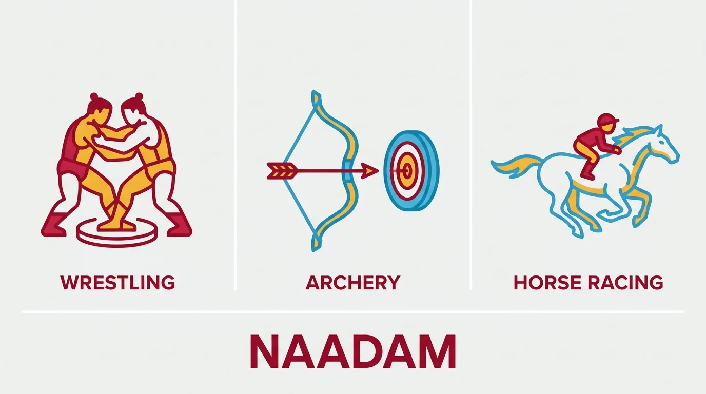 A clean, modern infographic with icons representing wrestling, archery, and horse racing for the Naadam Games.