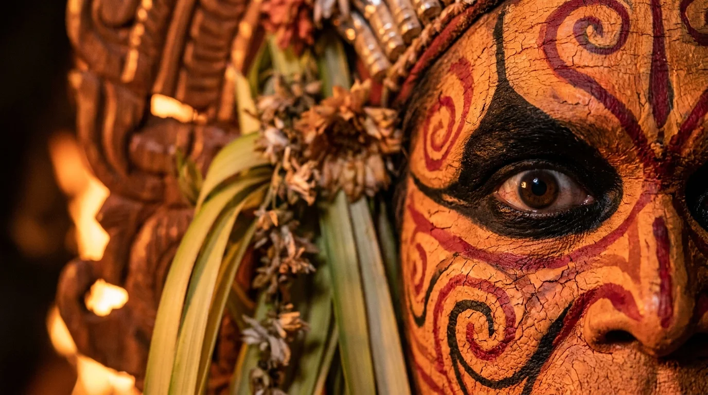 A close-up of a Theyyam performer's face covered in vibrant orange and red ritual paint, lit by firelight.