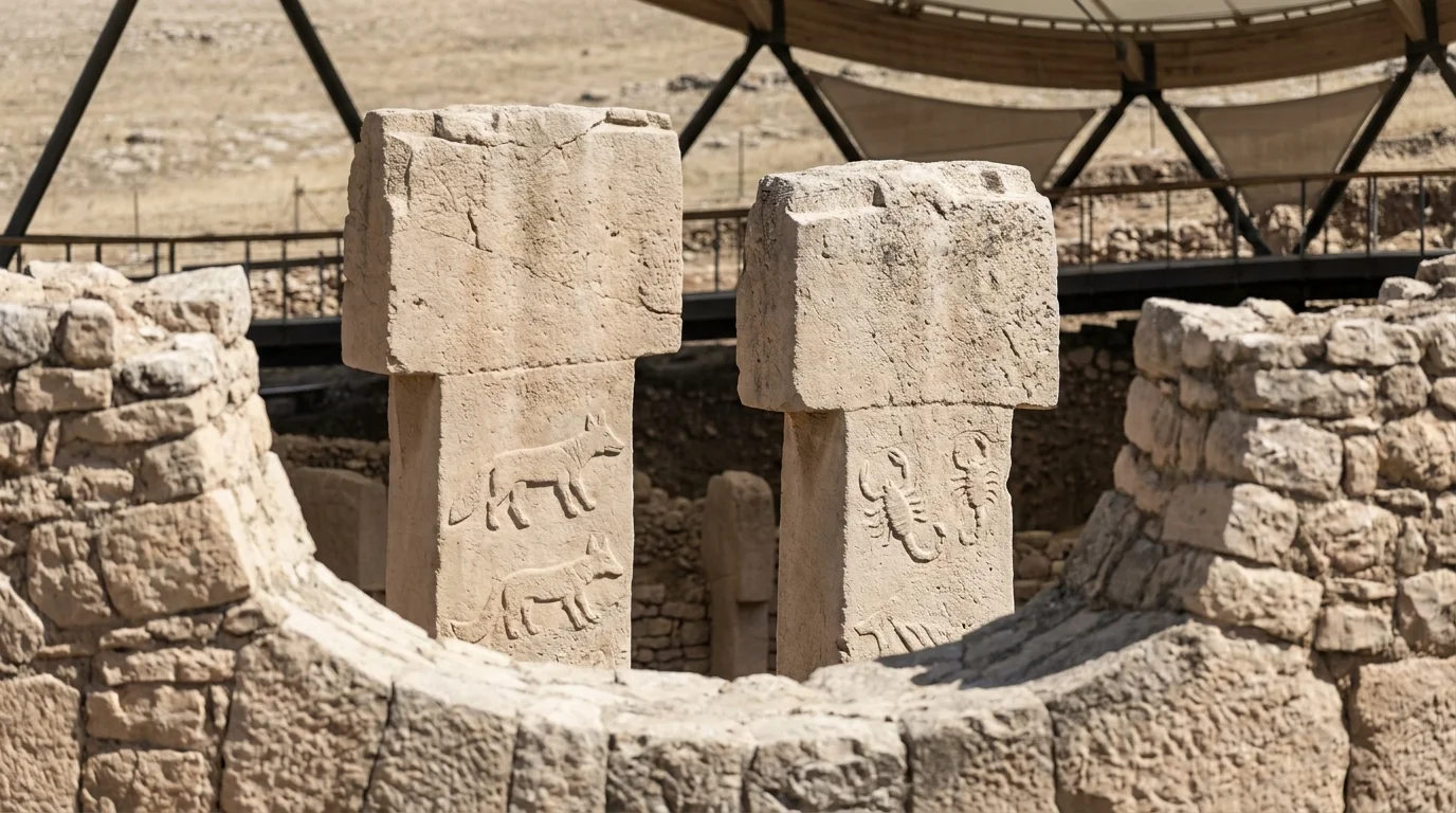 A close-up of the carved T-shaped stone pillars at the ancient site of Göbekli Tepe.