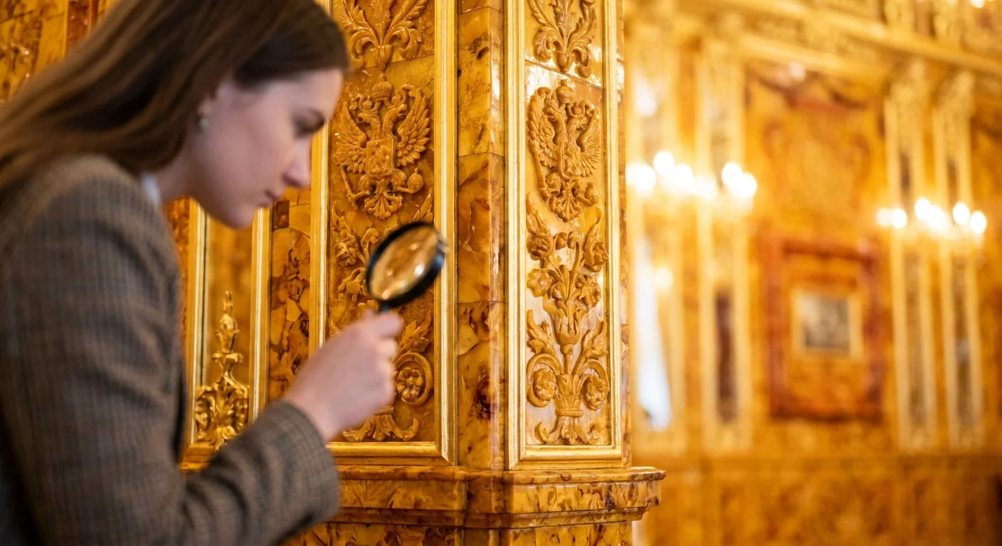 A close-up of the glowing amber panels at Tsarskoye Selo, with a researcher blurred in the foreground.