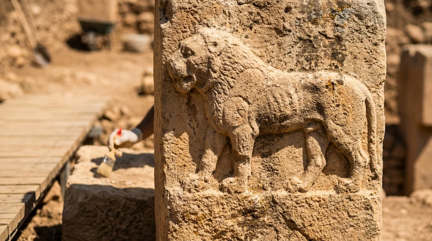 A close-up photograph of a detailed animal carving on a stone pillar at the Göbekli Tepe archaeological site.