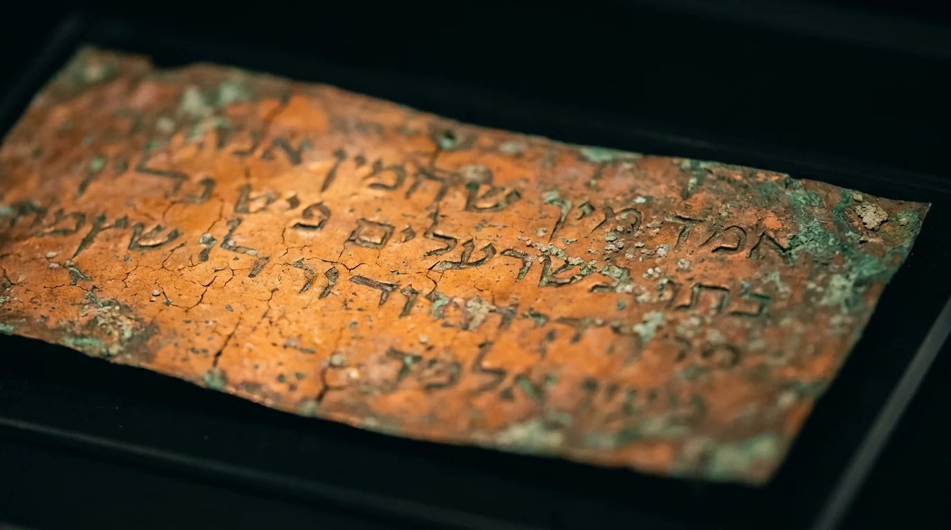 A close-up photograph of an ancient, oxidized copper scroll with etched characters and a textured surface.