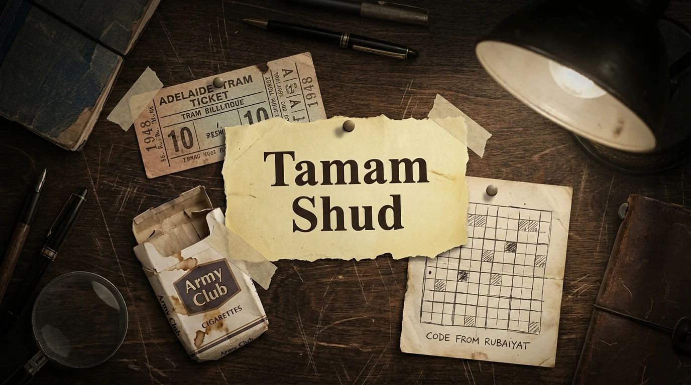 A collage of evidence from the Somerton Man case, including the 'Tamam Shud' paper scrap and a secret code.