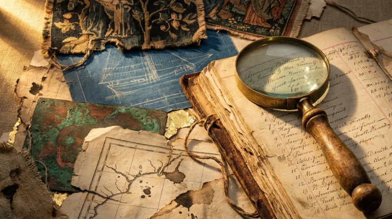 A collage of historical artifacts including a magnifying glass, old ledgers, gold leaf, and a nautical map, representing hidden treasures.