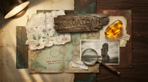 A collage of historical mystery artifacts including the Voynich manuscript, the word CROATOAN carved in wood, and a glowing piece of amber.