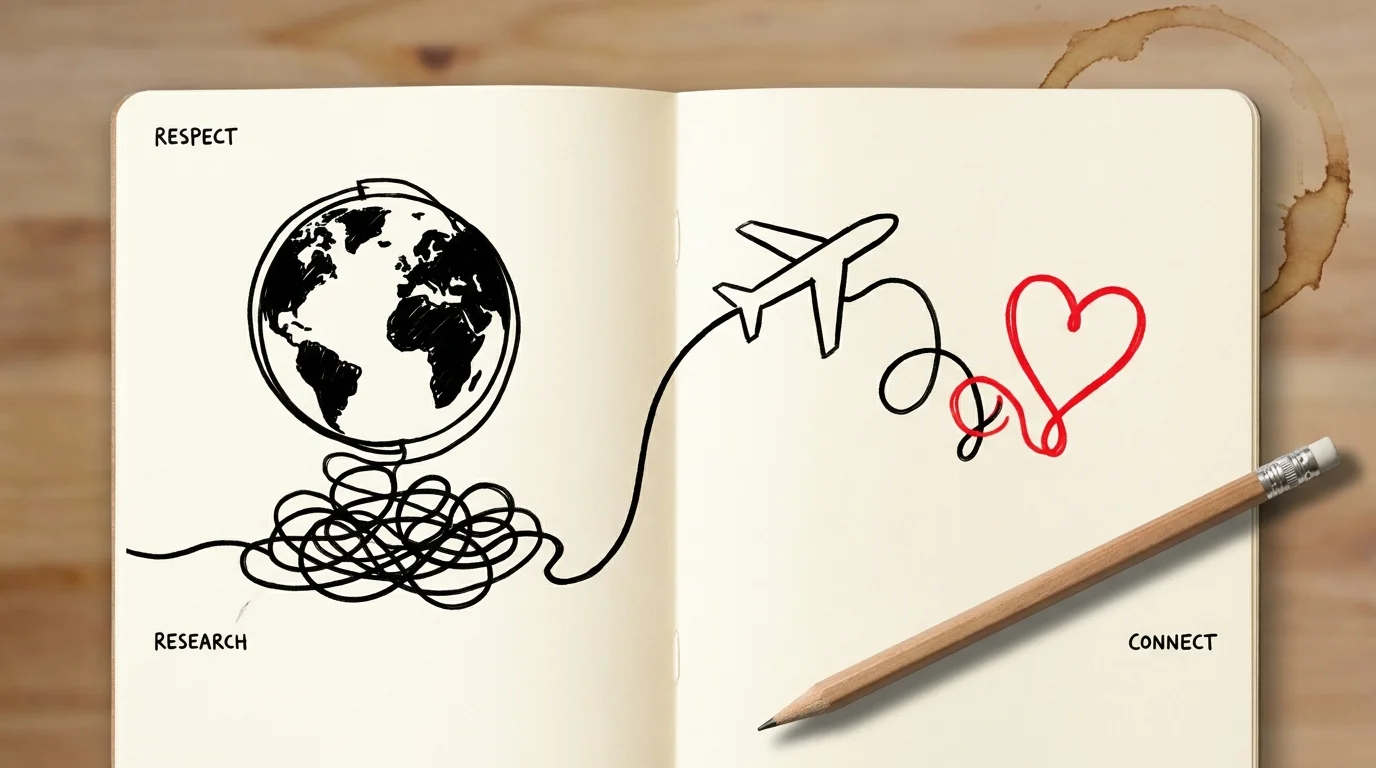 A conceptual illustration of a notebook where a thread of yarn connects a globe to an airplane and a heart.