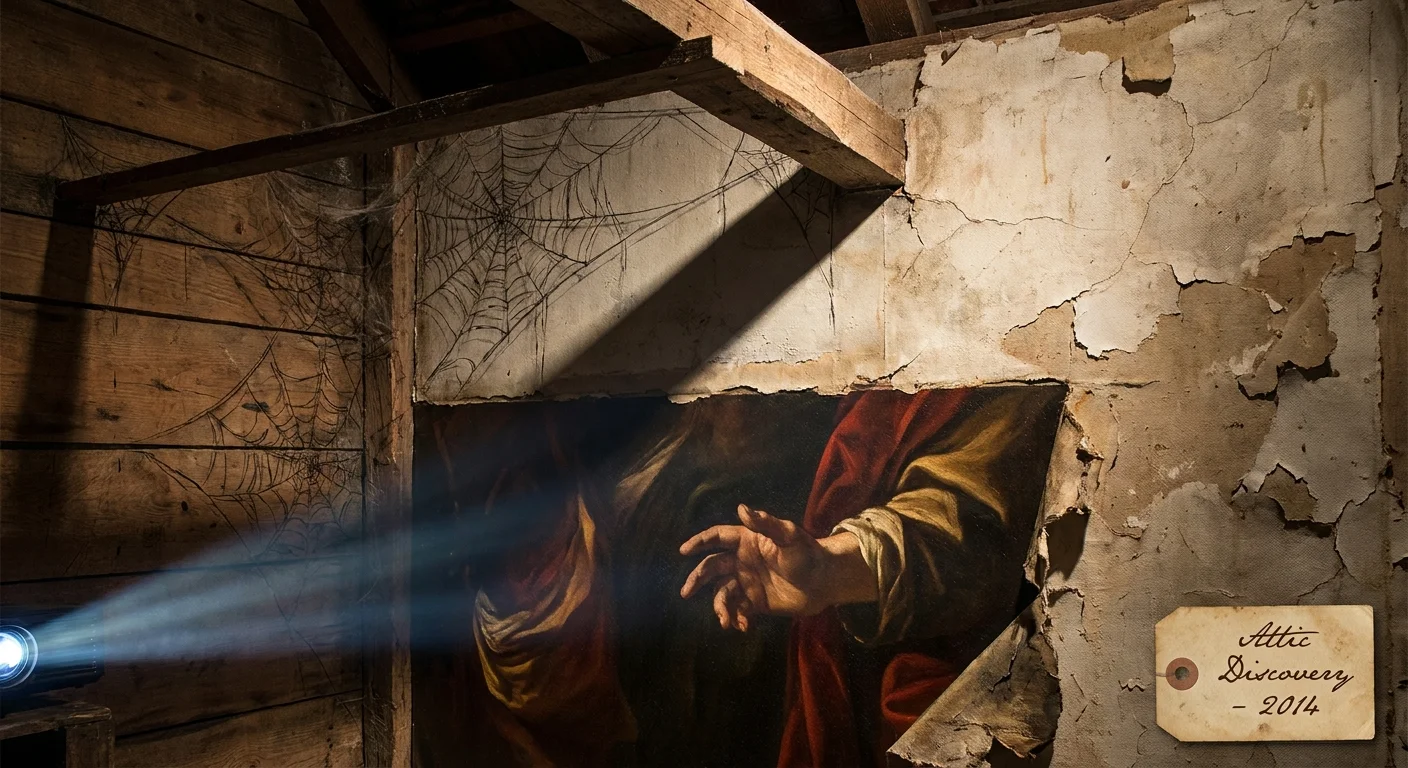 A conceptual piece showing a Baroque painting fragment emerging from the shadows of an old, cobwebbed attic.