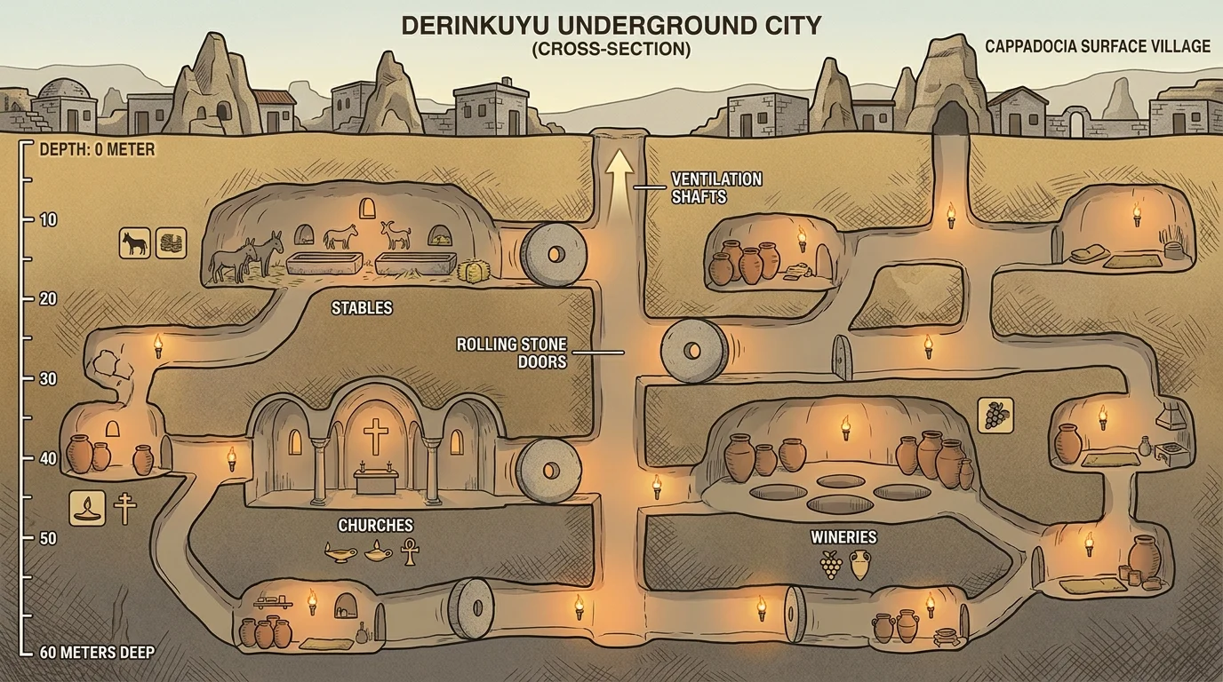 A cross-section diagram showing the different levels and rooms of the Derinkuyu underground city in Turkey.