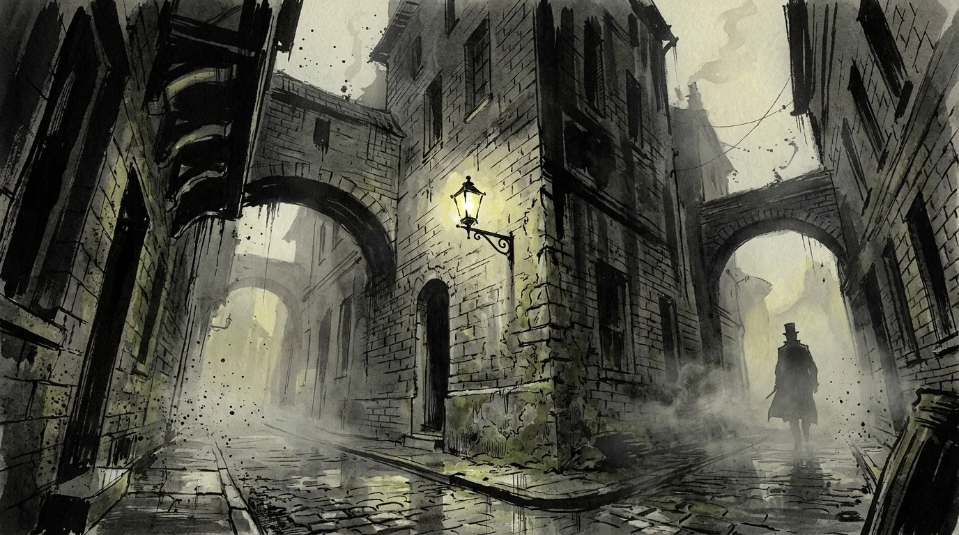 A dark ink and watercolor sketch of a foggy, gas-lit London alleyway in the Victorian era.