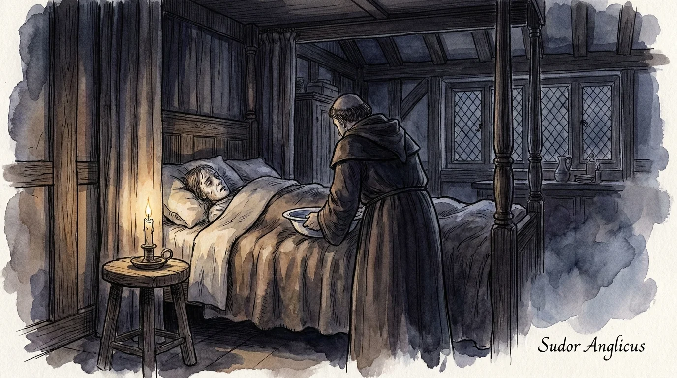A dark, moody illustration of a patient in a Tudor bedroom suffering from a mysterious fever.