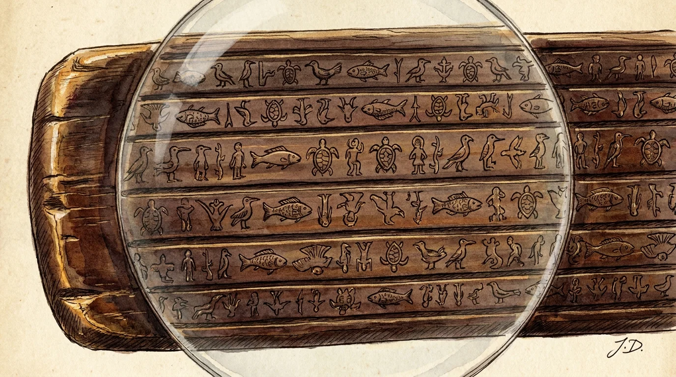 A detailed illustration of an ancient wooden tablet featuring rows of bird and human glyphs carved into the wood.