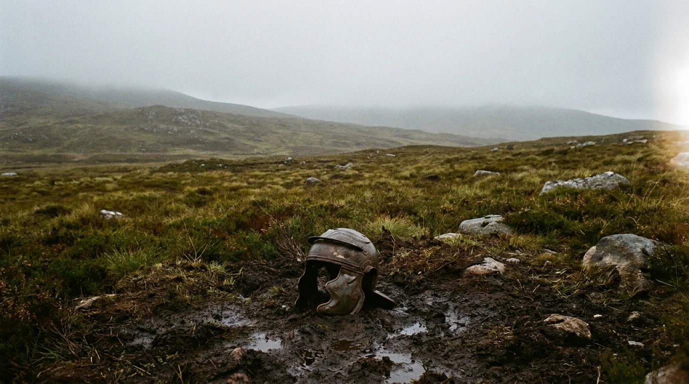A discarded Roman helmet sits in a muddy, foggy moor, representing the disappearance of the Ninth Legion.