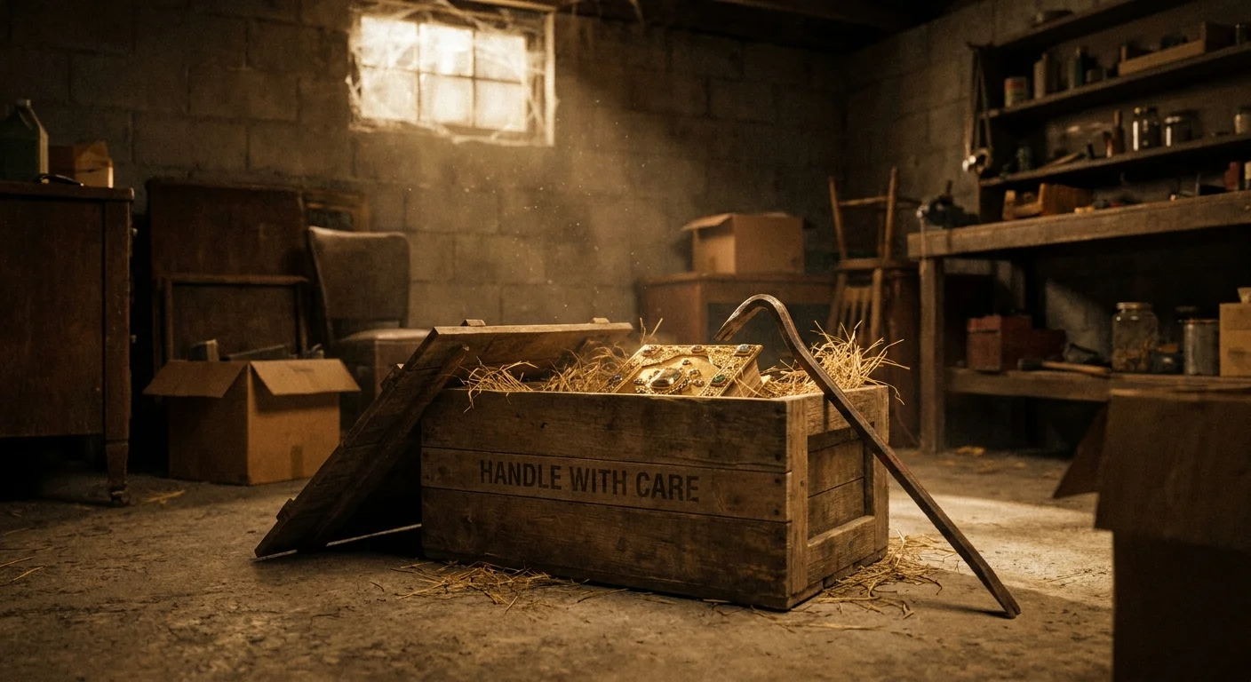A film-style photo of a wooden crate in a dusty basement, revealing a jewel-encrusted medieval book inside.