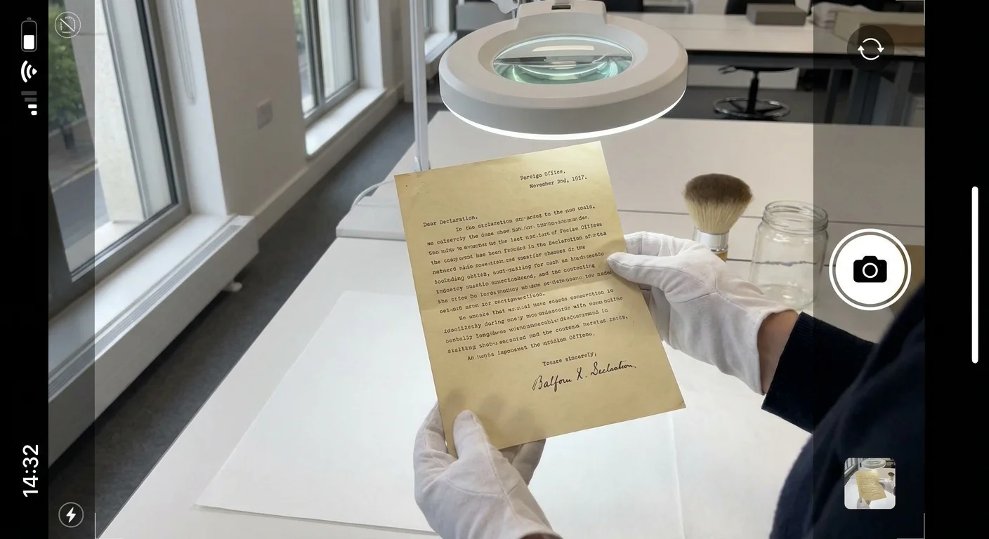A first-person perspective photo of a museum conservator holding the Balfour Declaration with white gloves.