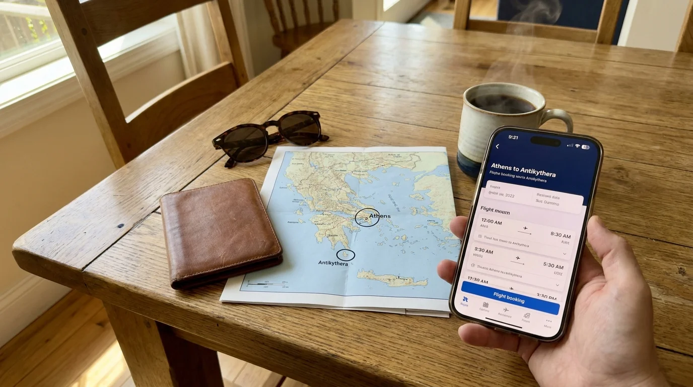 A first-person view of travel planning with a map of Greece, a passport, and a coffee mug on a wooden table.
