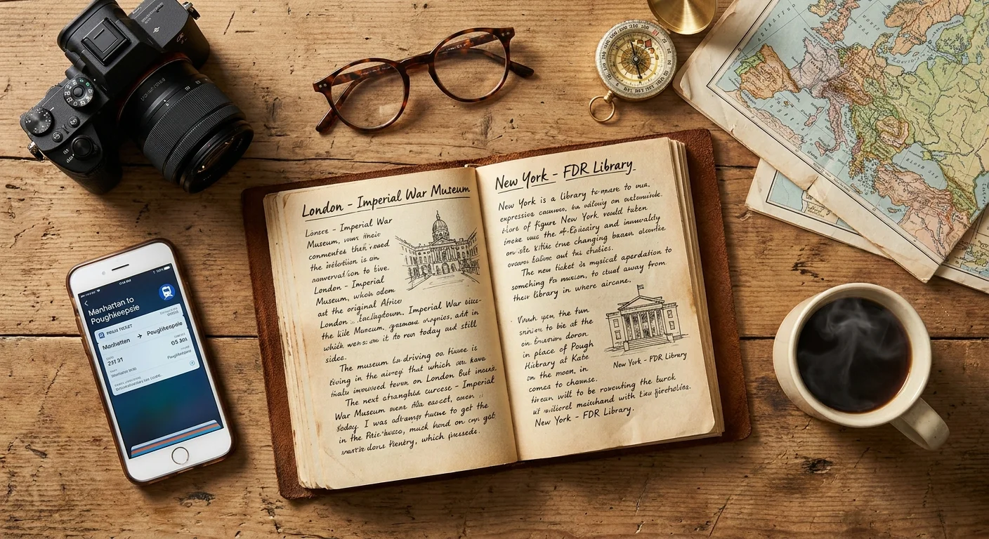 A flat-lay photo of a travel journal, a smartphone with a train ticket, and a coffee mug on a wooden desk.
