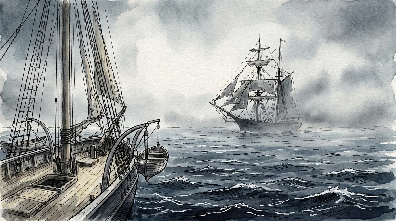 A ghostly watercolor painting of the merchant ship Mary Celeste drifting alone in a foggy blue ocean.