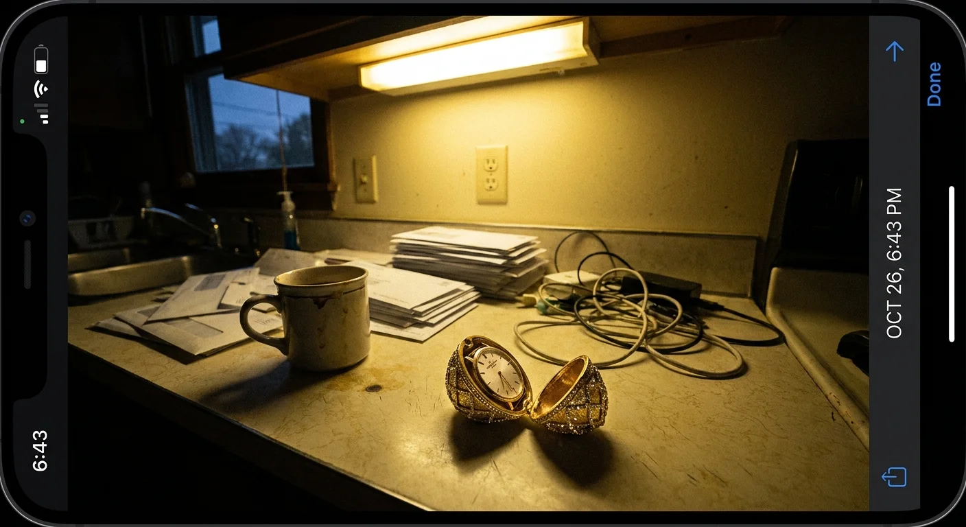 A golden Fabergé egg sits on a cluttered, ordinary kitchen counter next to mail and a mug, showing the contrast of its discovery.
