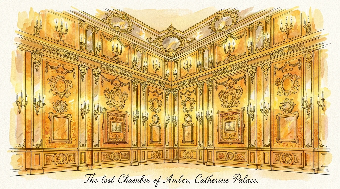 A golden-hued watercolor illustration of the ornate, amber-paneled walls of the lost Amber Room.