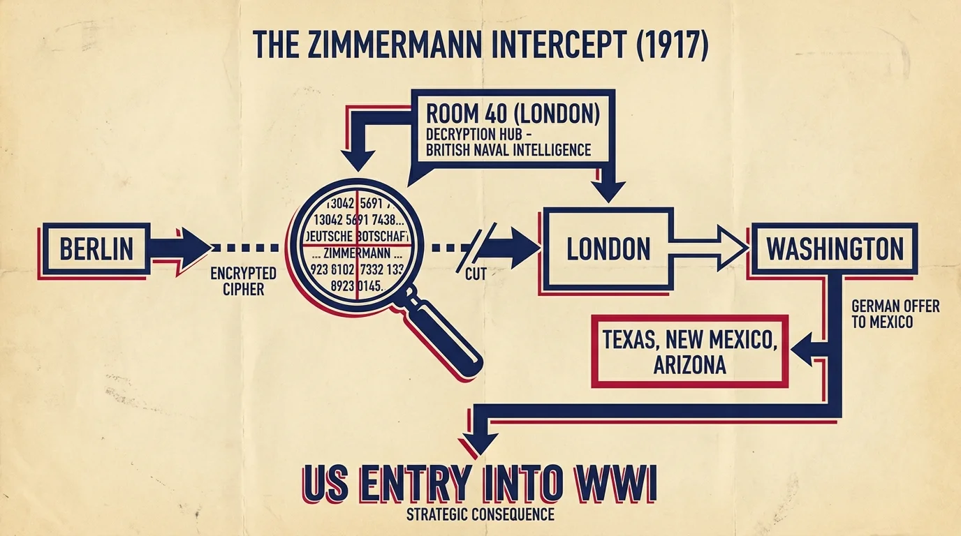 A historical diagram mapping the interception of the Zimmermann Telegram from Germany to Mexico via London's Room 40.