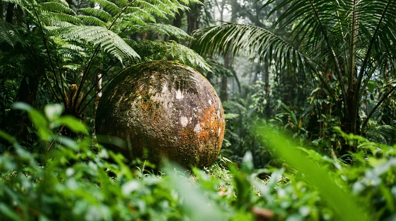 A large, perfectly spherical stone sits in the middle of a lush, sun-dappled Costa Rican jungle.