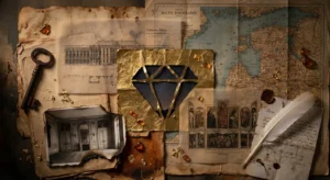 A layered mixed media collage featuring maps, architectural sketches, and gold leaf silhouettes representing lost historical treasures.