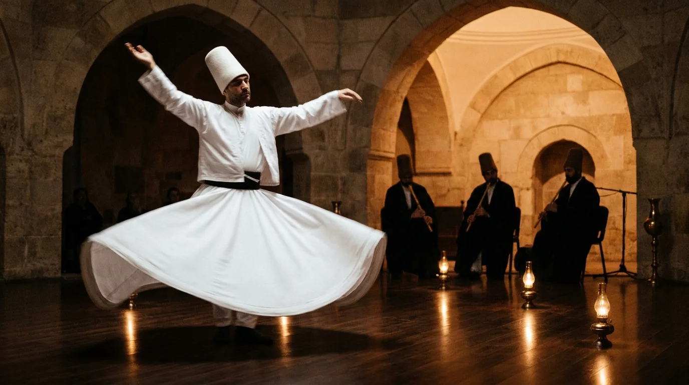 A long-exposure photo of a Whirling Dervish in a white robe, creating a blur of motion in a candlelit stone hall.