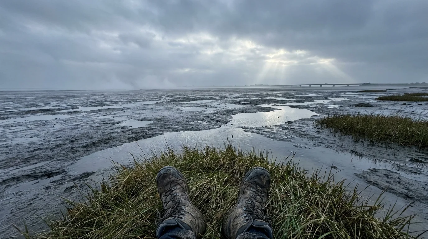 A low-angle photo of a hiker's muddy boots on the marshy banks of The Wash in Lincolnshire under a cloudy sky.