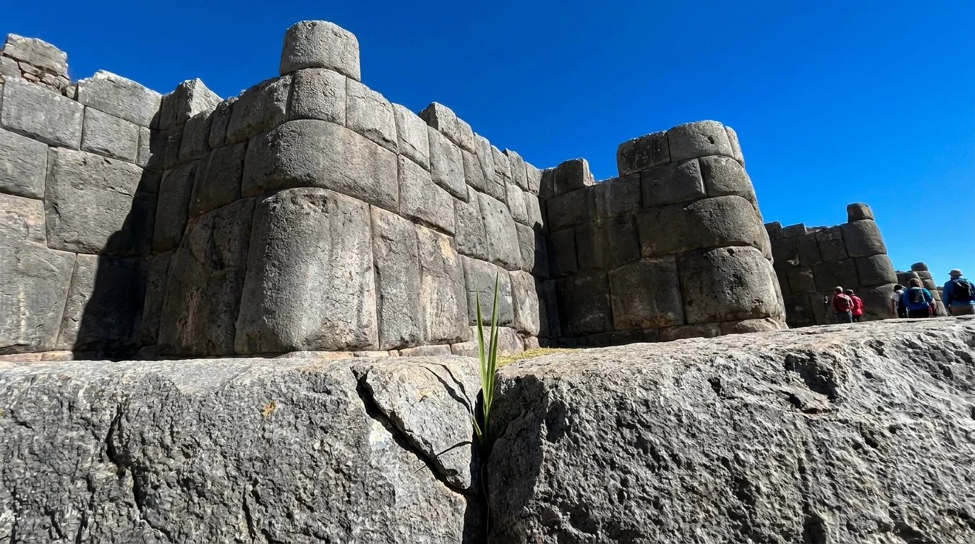 A low-angle photo of perfectly interlocking massive stone blocks at the Sacsayhuamán fortress in Peru.