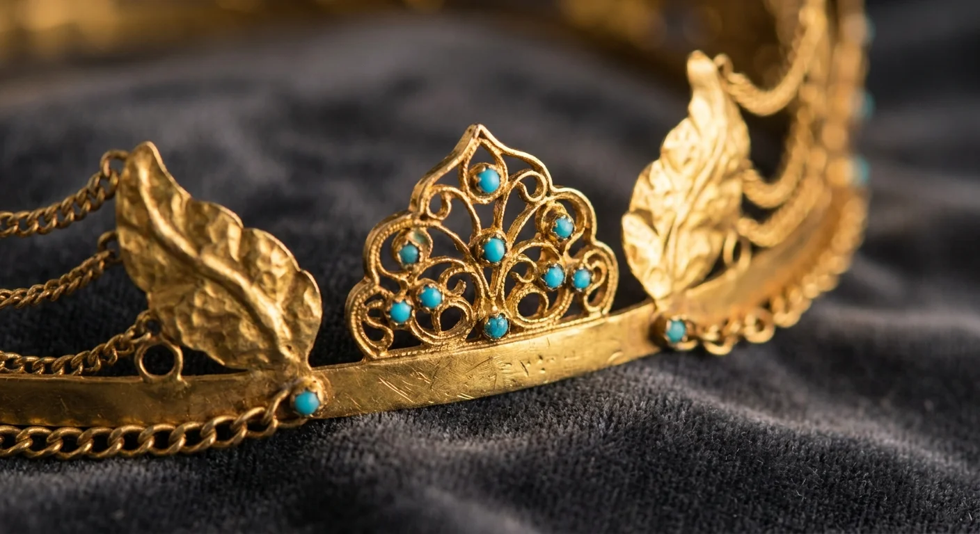 A macro photograph of an ancient, intricate gold crown with turquoise inlays from the Bactrian Gold collection.