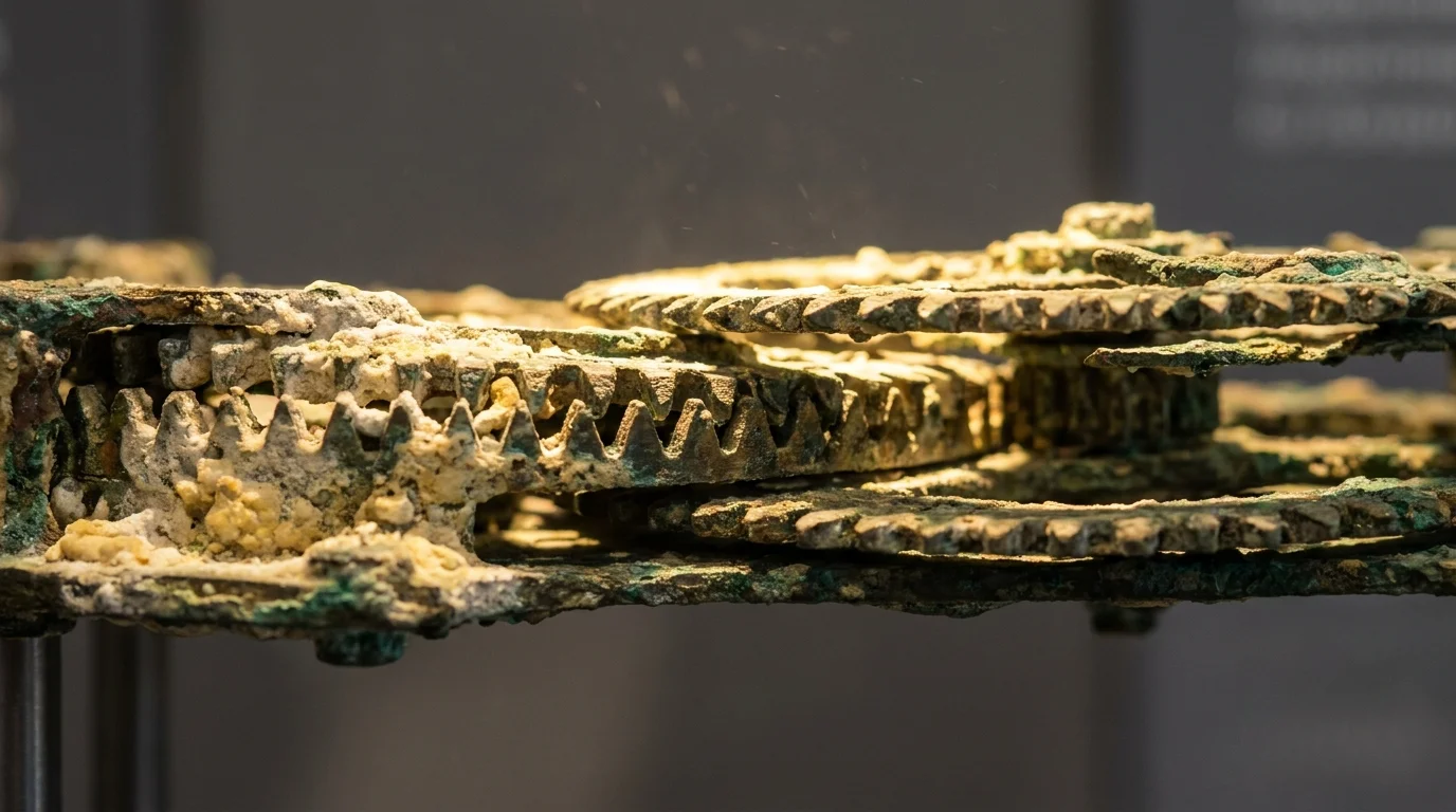 A macro photograph of ancient, corroded bronze gears with intricate, hand-cut teeth.