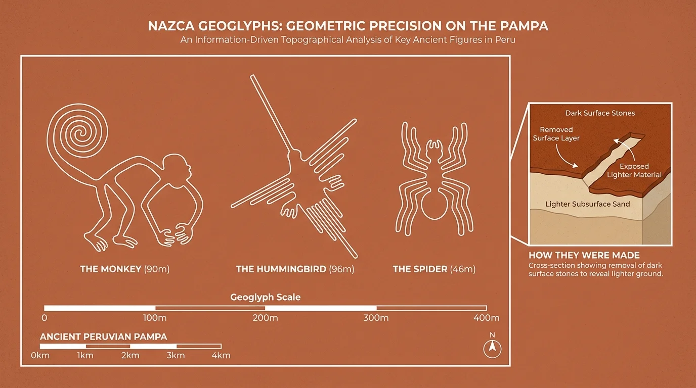 A minimalist diagram showing the shapes of the Nazca lines from above, including the spider and hummingbird geoglyphs.