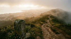 A misty mountain path and an ancient stone milestone overlooking a distant city at dawn, shot on warm 35mm film.