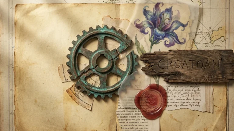 A mixed-media collage featuring a bronze gear, the word CROATOAN carved in wood, and mysterious botanical sketches on aged parchment.