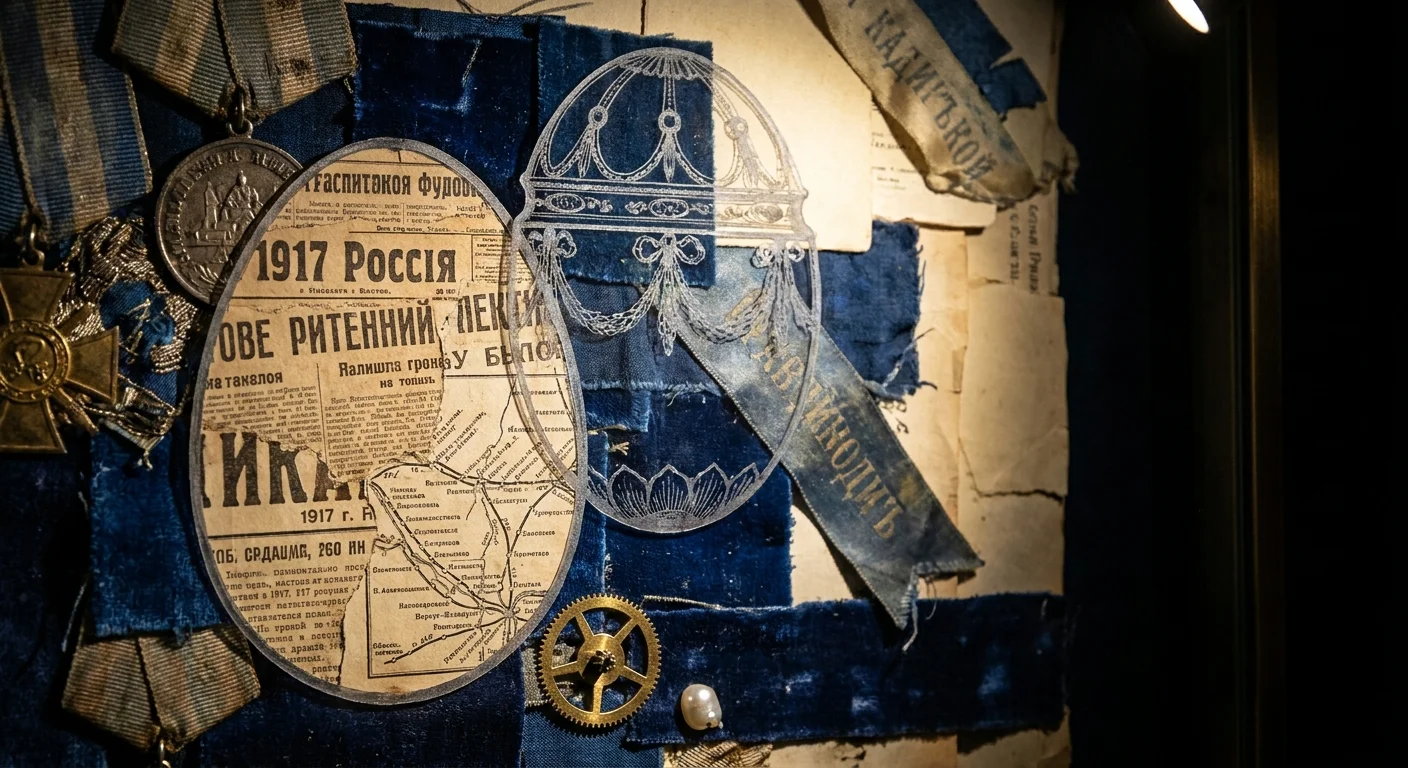 A mixed media collage of velvet, silver sketches, and gold gears representing the vanished Fabergé Eggs.