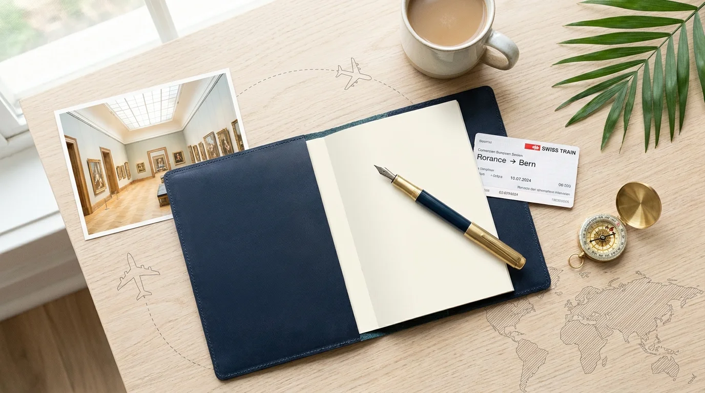 A mixed media composition of a travel journal, a compass, and a train ticket, symbolizing travel planning and exploration.