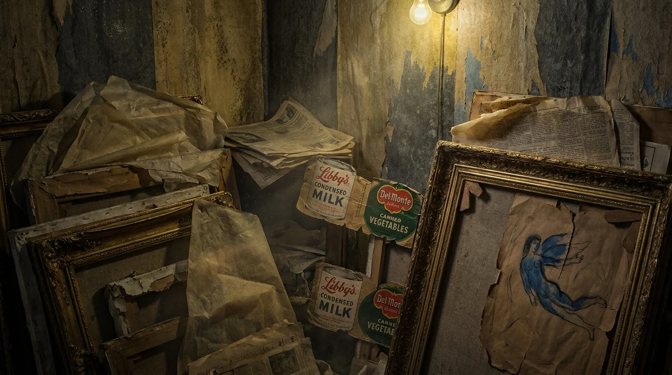 A mixed media piece showing corners of masterwork paintings hidden behind old canned food labels and layers of dust.