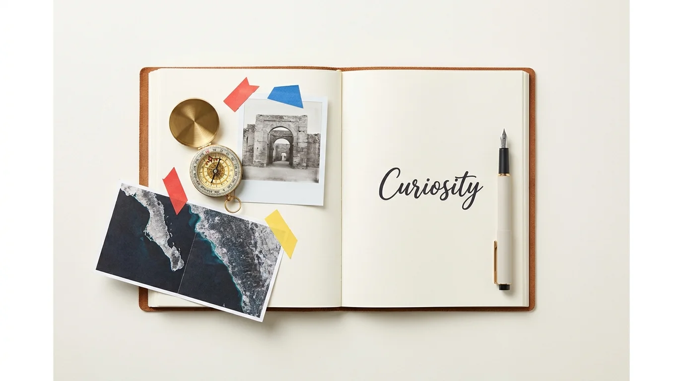 A modern flat-lay collage of a travel journal, a compass, and a polaroid photo, representing the spirit of exploration.