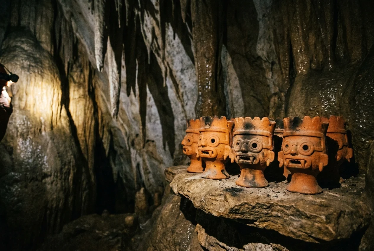 A photograph of ancient Maya pottery and incense burners preserved on a ledge inside a damp limestone cave.