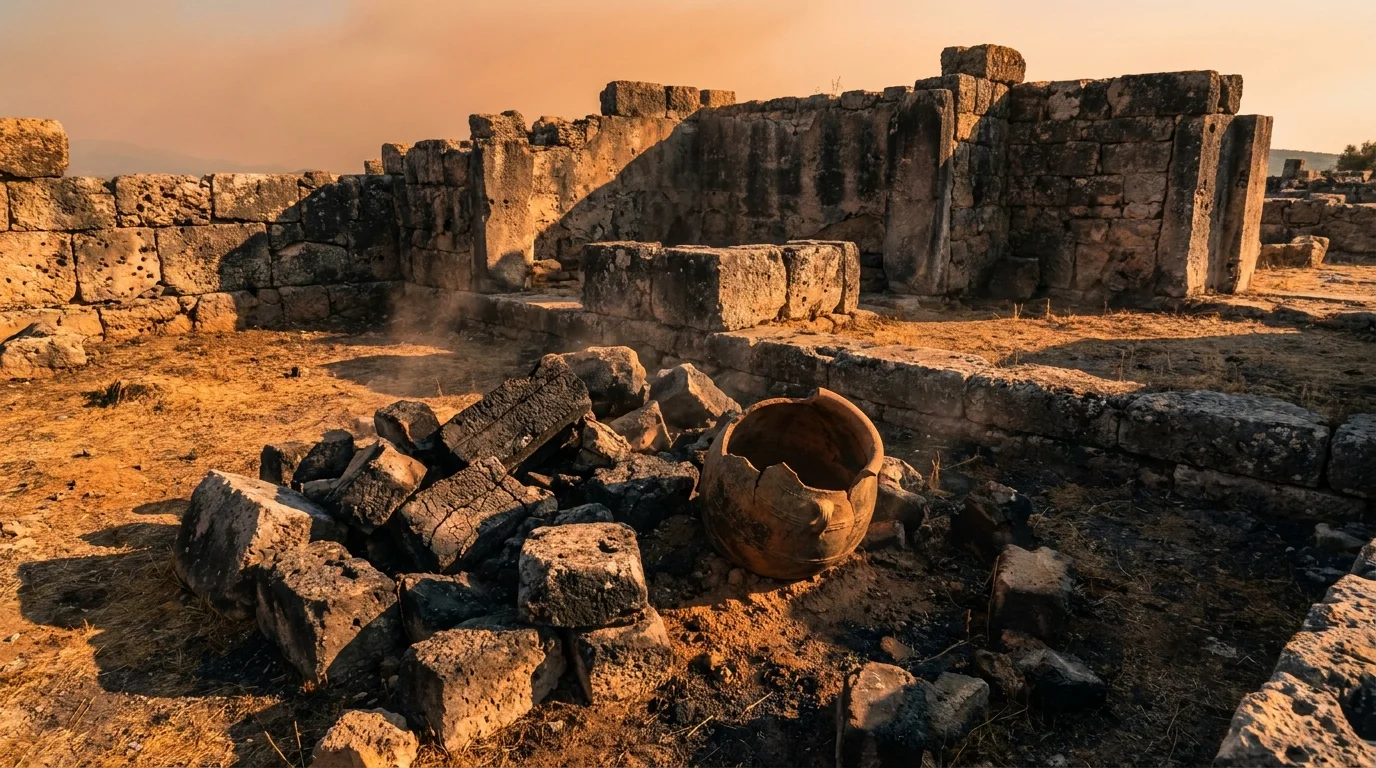 A photograph of scorched stone ruins and a broken clay jar at sunset, representing the collapse of ancient civilizations.