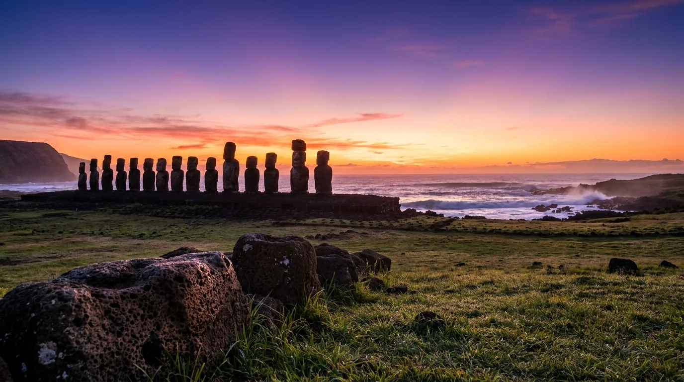 A row of giant Moai statues silhouetted against a vibrant orange and purple sunrise on Easter Island.