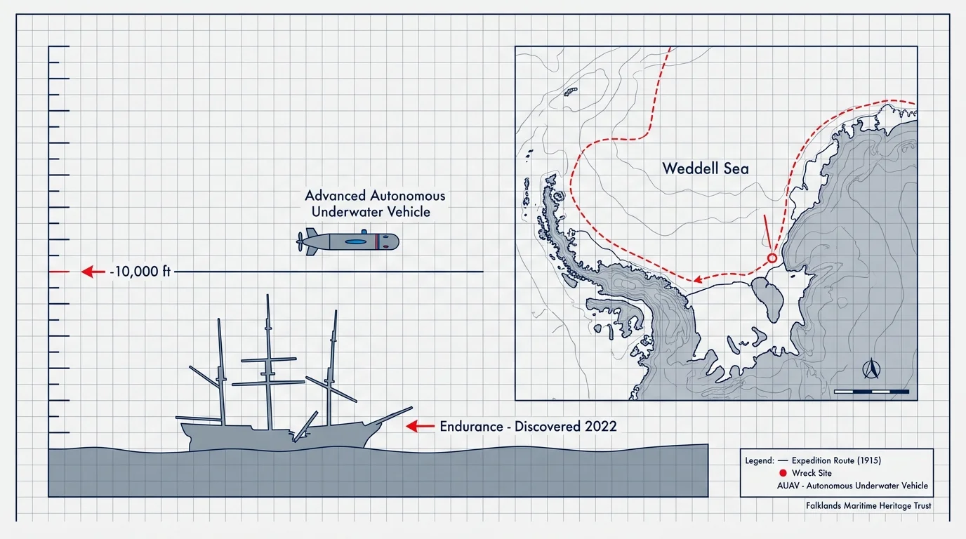 A technical diagram showing the 10,000-foot depth of the Endurance shipwreck in the Weddell Sea and its discovery by underwater drones.