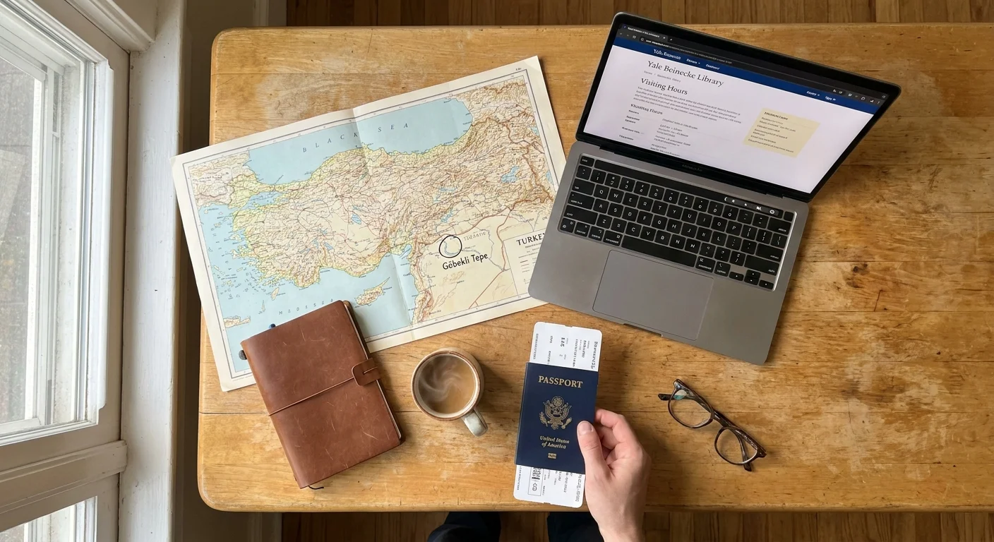 A top-down photo of a travel map, passport, and laptop, representing the planning of a historical mystery tour.