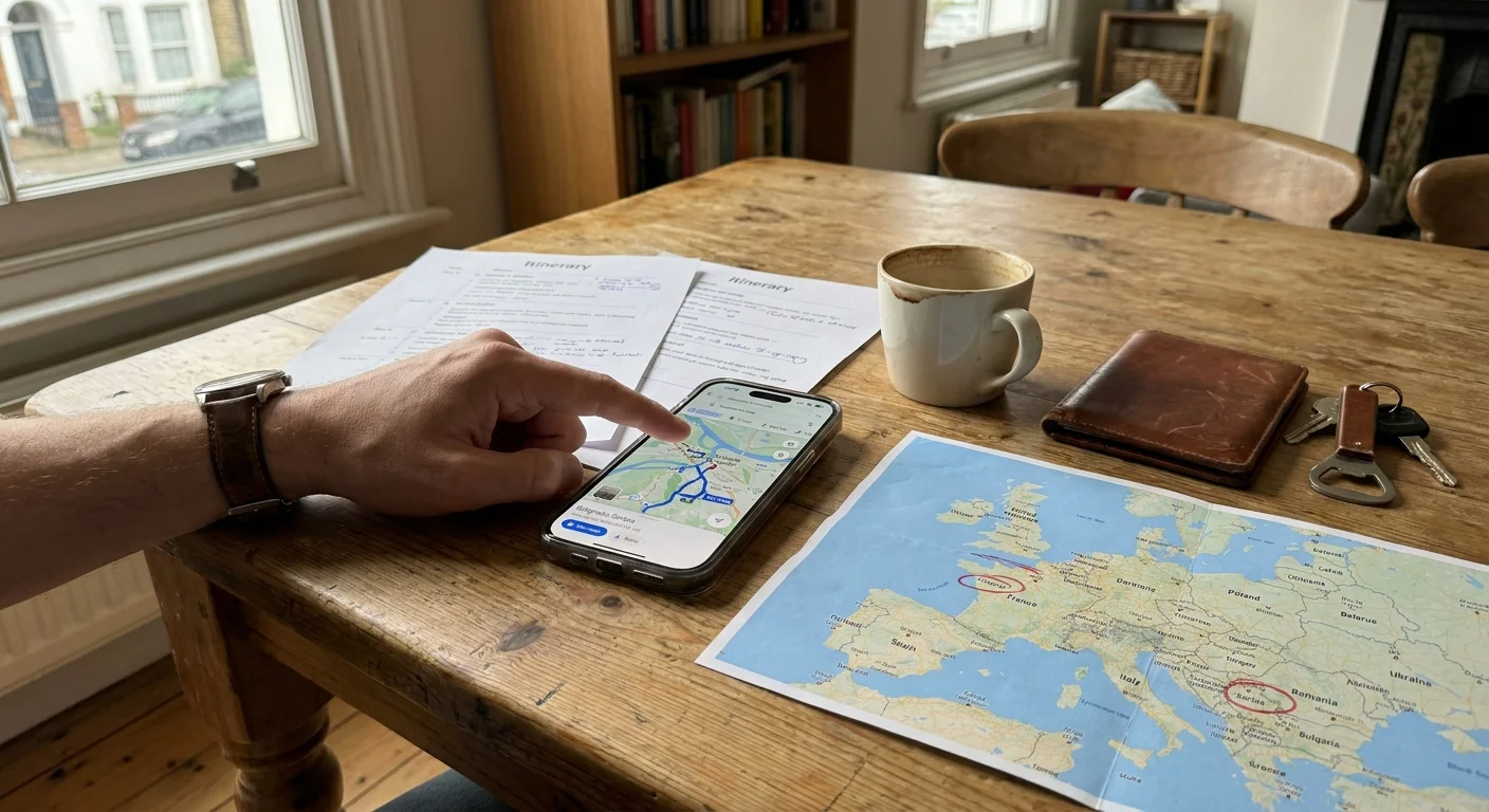 A top-down snapshot of a phone showing a map of Belgrade next to a passport and a coffee mug on a wooden table.