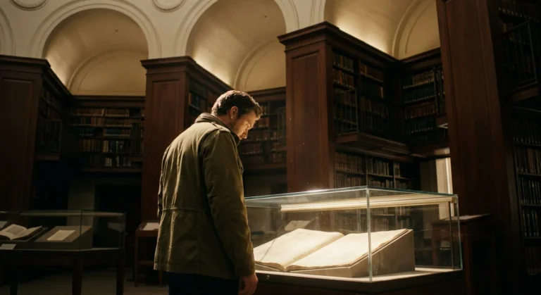 A traveler stands before a backlit historical document in a grand, dimly lit museum archive hall with tall wooden bookshelves.