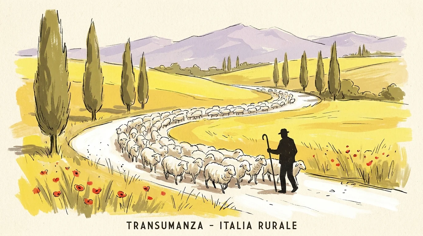 A vibrant gouache illustration of a shepherd leading a flock of sheep through the sun-drenched hills of the Italian countryside.