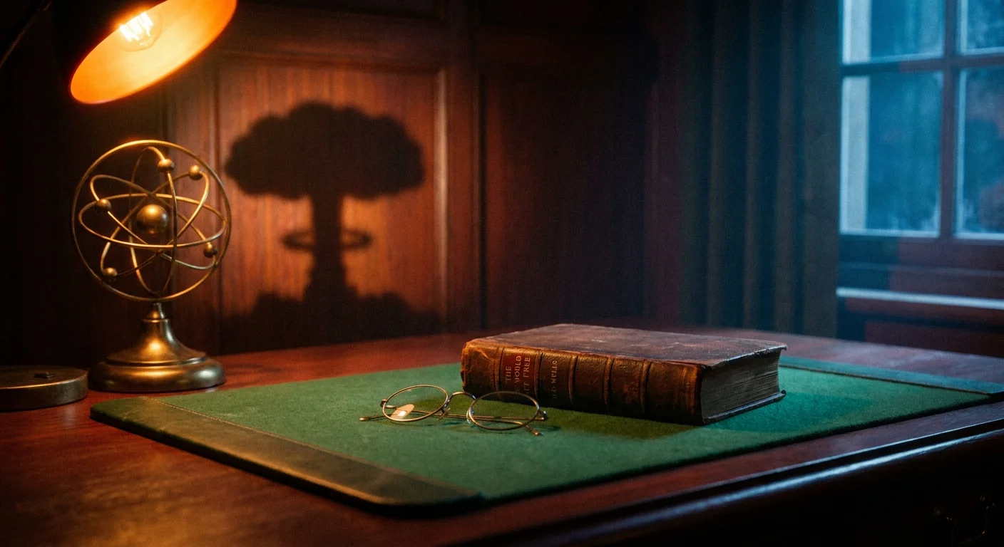 A vintage copy of an H.G. Wells book on a desk with a brass atom model casting a mushroom-cloud-shaped shadow.